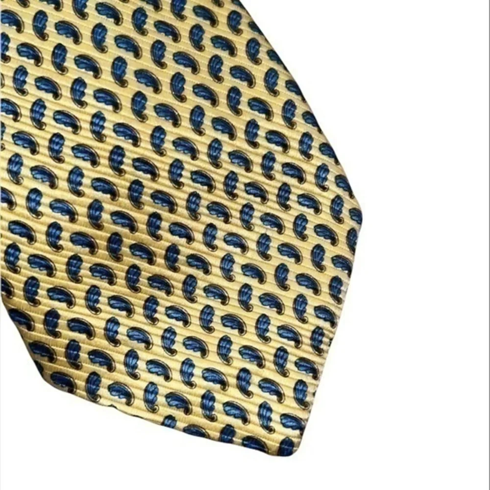 Burberry London Classic Yellow‎ & Navy Blue Print 100% Silk Neck Tie